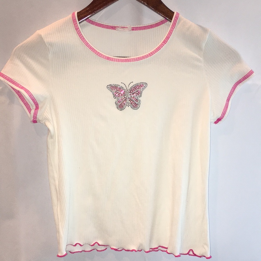 White Ribbed Top with Pink Butterfly Design | Girl's Size 10